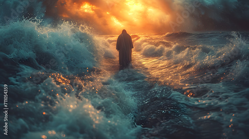 Jesus walking on water during a storm. Biblical theme concept.