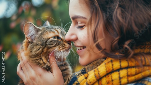 Woman and cat touching noses in an affectionate moment