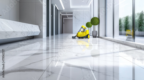 Empty modern office hall, shiny clean marble floor and yellow cleaning vacuum machine in building lobby. Concept of professional maintenance, interior, commercial care service