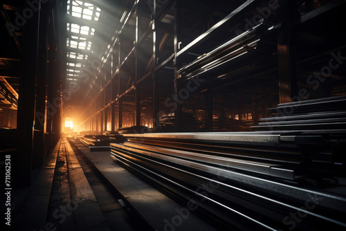 Steel mill interior, metal production stored in warehouse of metallurgical plant. Perspective inside dark storage of iron cast factory. Theme of industry, technology, manufacture