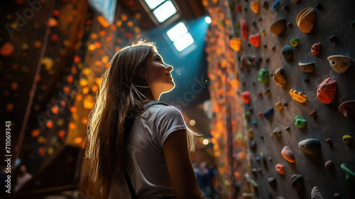 athletic girl in sportswear climbs a climbing wall with belay, sports ground, training, climber, rock relief, healthy lifestyle, active recreation, hobby, energetic person, muscles, height, agility