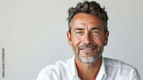 Confident middle-aged businessman in a white shirt Express yourself in a friendly yet professional manner. and the smiles of middle-aged adults conveys happiness on a white background for various uses