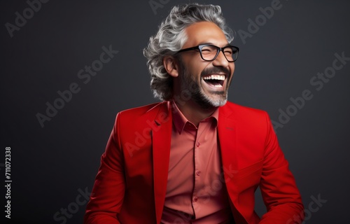 Laughing man in red suit