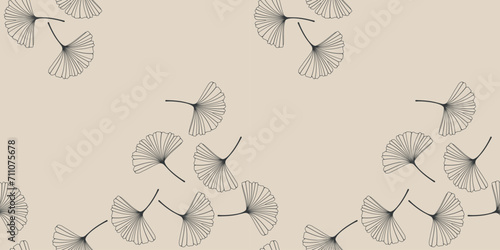Seamless pattern with skeletonized gingko biloba leaves, veined, background in black and beige. Vector illustration EPS10