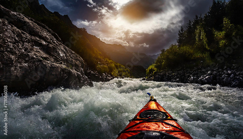 whitewater kayaking, down a white water rapid river in the mountains. Hand edited generative AI.