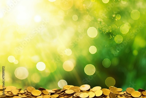 Mountain of gold coins on abstract green and yellow glitter bokeh background. Festive backdrop for St. Patrick's Day, holiday or event