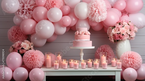 Elegant pink birthday party decoration with a lot of pink and white balloons, flowers, and candles