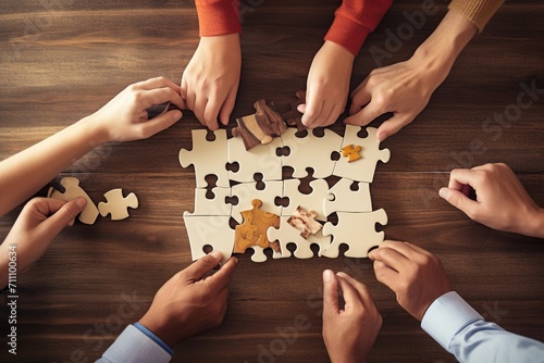 Diverse group of people putting puzzle pieces together