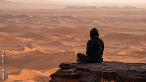 A person sitting on a rock with a desert background.
