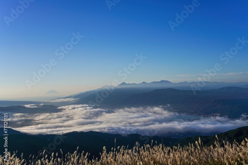 高ボッチ高原からみた富士山と雲海に覆われた諏訪湖のコラボ情景