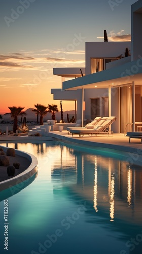Modern luxury villa with stunning sunset and pool