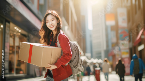 ダンボールを運ぶアジアの女性の配達員 Delivery Asian woman carrying a box