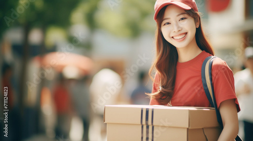 ダンボールを運ぶアジアの女性の配達員 Delivery Asian woman carrying a box
