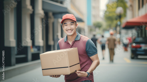 ダンボールを運ぶアジアの男性の配達員 Delivery Asian man carrying a box