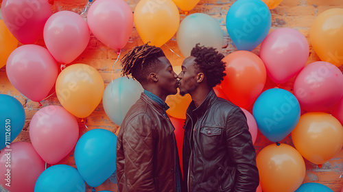 Two dark-skinned men in love kiss against a background of colorful balloons.