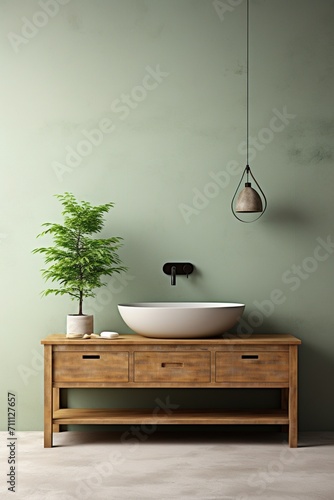 Bathroom vanity with a green wall and a wood cabinet