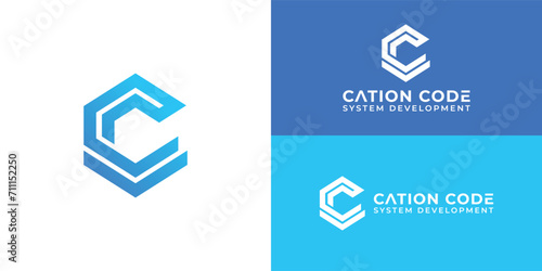 Initial letters CC rounded hexagon shape monogram blue simple modern logo presented with multiple background colors. The logo is also suitable for internet and technology company logo design template