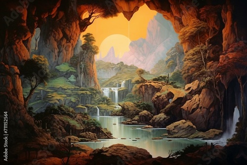 A cave mural featuring waterfall. Generative AI