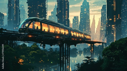 Monorail train, futuristic design, elevated road against the sky with silhouettes of skyscrapers in the background, Lots of vegetation. Eco-friendly city