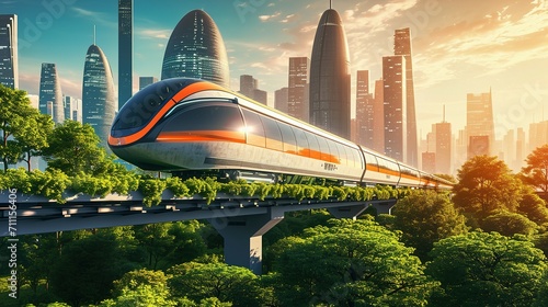 Monorail train, futuristic design, elevated road against the sky with silhouettes of skyscrapers in the background, Lots of vegetation. Eco-friendly city