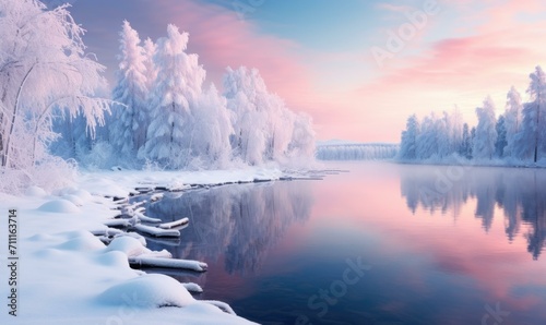 Winter landscape with snow covered trees and water. Generative AI.