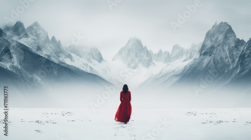 A woman in a red dress standing in front of mountains. Generative AI.