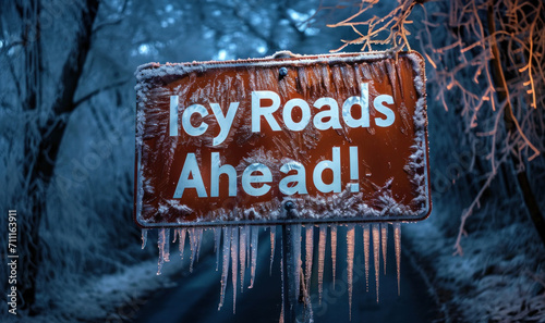 an icy road sign covered in ice and snow, warning of slippery roads ahead
