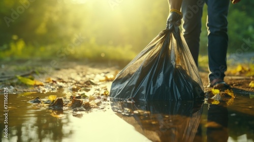 Closeup of a garbage bag being by a volunteers hand, after picking up litter around a local pond.