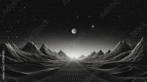 retro dotwork landscape with 80s styled laser grid planet, sun and stars background