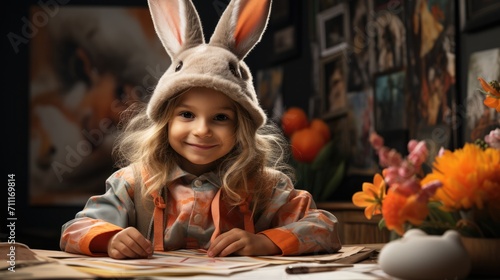 little girl sitting at the table dressed up like an easter bunny.