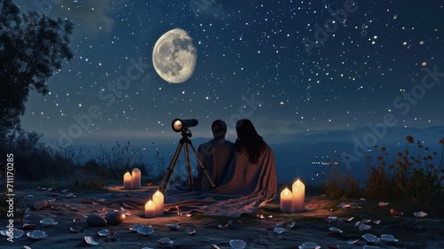 young couple looking out to romantic night sky in valentines day pragma