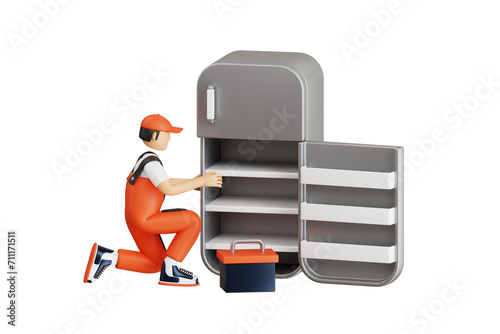 3d illustration of Technician repairing refrigerator. Refrigerator repair service 3d illustration