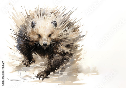 Image of painting porcupine running on a white background., Wildlife Animals.