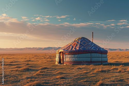 A nomadic retreat with a beautifully patterned yurt - Generative AI