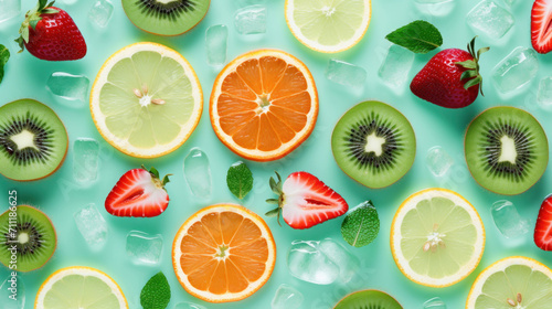 A refreshing assortment of citrus fruits and strawberries with ice cubes on a bright aqua background, evoking a summer vibe.