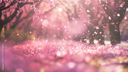 エモーショナルな満開の桜の花びらが風で舞い散っている花吹雪の写真