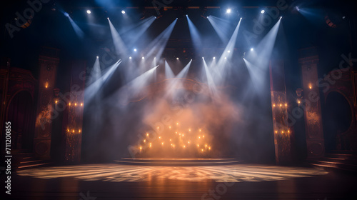 Stage light background with white and yellow spotlight illuminated the stage with smoke. Empty stage for show with backdrop decoration.