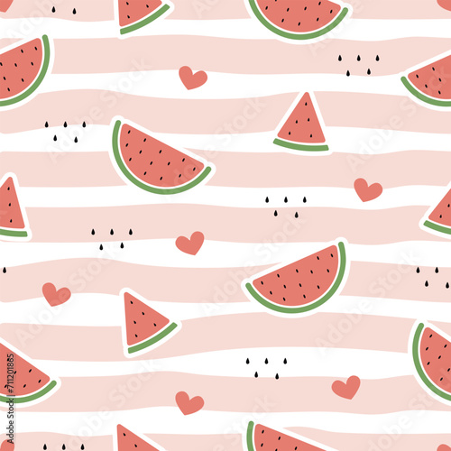 red cute watermelon on a pink pastel stripes texture with kawaii hearts, food seamless pattern for wrapping paper, fabric, textile, print and wallpaper