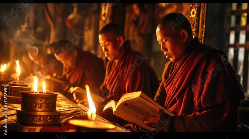 The soft rustling of pages being turned can be heard as monks study sacred texts in silence.