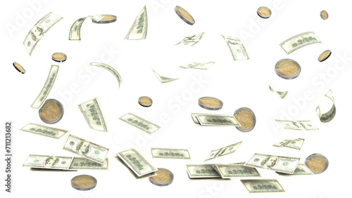 dollars euro coins falling transparent background - 3d rendering