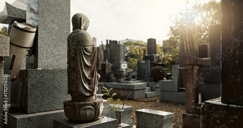 Japan, prayer hands and buddhist statue at graveyard for spiritual religion in Tokyo. Jizo sculpture, cemetery or gravestone for memorial service, culture and traditional tombstone for worship or zen