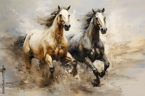elegant two white horses racing in Palette Knife painting ,impasto style