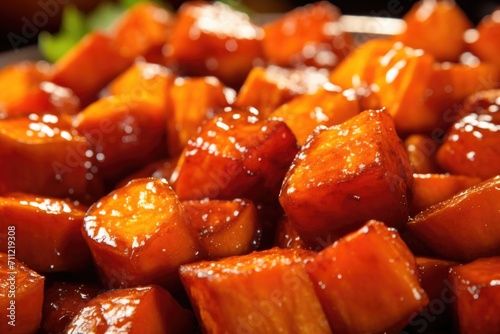 A closeup shot portrays the mouthwatering texture of candied yams, highlighting their soft, velvety insides and sticky glazed exterior, creating an alluring contrast of flavors and sensations.