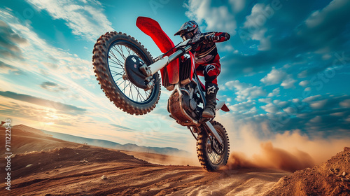 Motocross Rider Performing Jump in Desert at Sunset