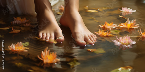 Illustration de pieds dans l'eau au milieu des fleurs, paysage printannier