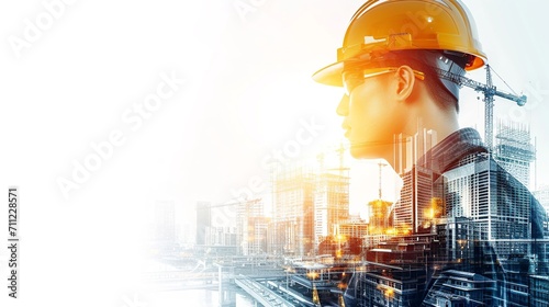 Double exposure of engineer in safety helmet with oil plant. The synergy of industrial, technology, safety, and environmental work concepts. Generative Ai