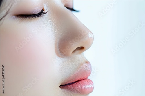 日本人女性の鼻のパーツのアップ写真（白背景・美肌・クローズアップ）