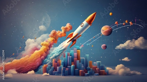 A graph chart soaring upwards with a rocket, capturing the endless possibilities and excitement of a successful startup.