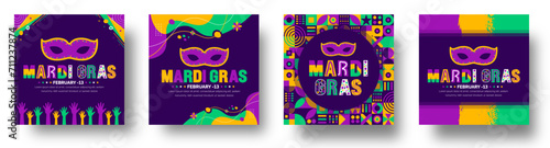 Mardi Gras Carnival in New Orleans social media post banner design template set with Carnival mask. Mardi Gras refers to events of the Carnival celebration background design template.
