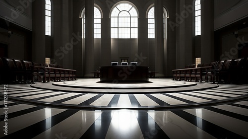 The authority of the law reflected in the symmetry of an empty courtroom